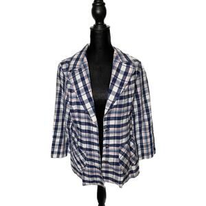 Avon Family Fashions Plaid Linen Open Jacket VTG Button Up Pink & Blue Cottage‎